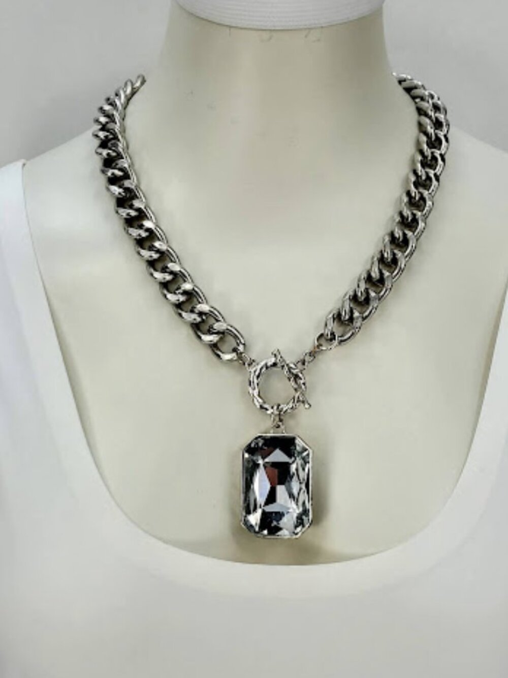 Chunky Silvertone Pendant Statement Necklace